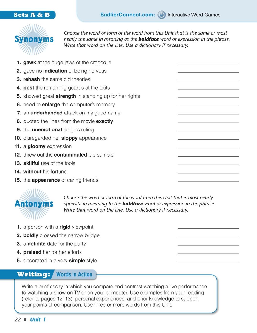 sadlier vocabulary workshop level e answers unit 5 synonyms and antonyms